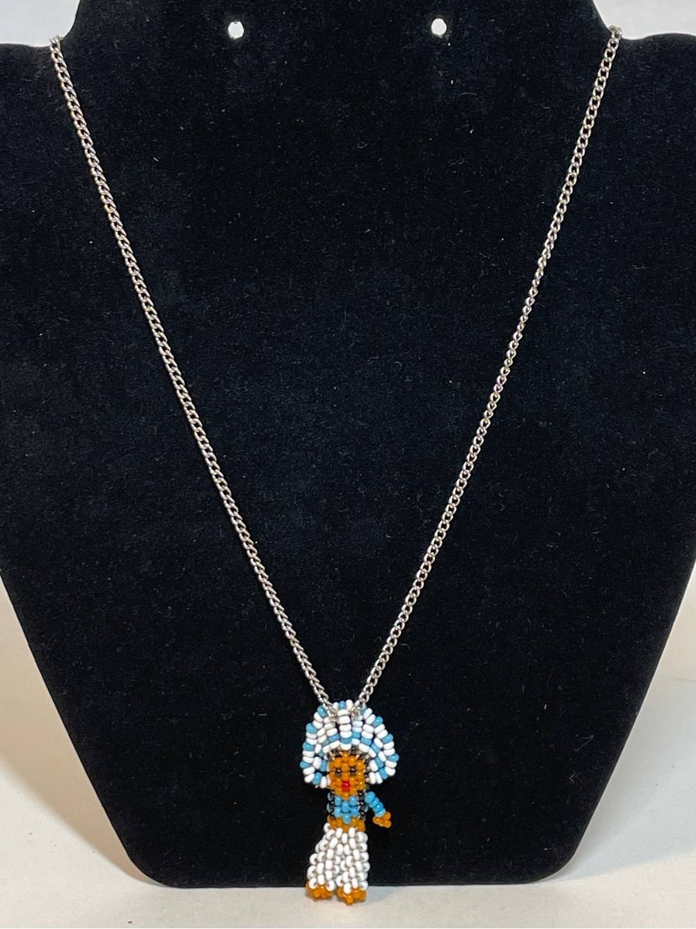 Vintage Native American Style Seed Bead Blue Kachina Doll Pendant 20" Necklace